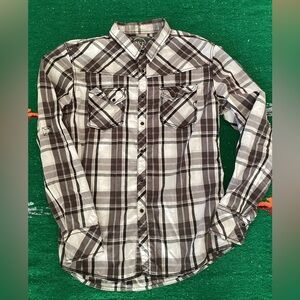 BKE Shirt Men's Large Checkered Pearl Snap Long Sleeve
Pit to pit 20”
Length 29”